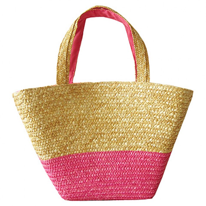 Straw Tote: Woven Wheat Straw Tote - 2 Tones - Pink - BG-R11052PK 